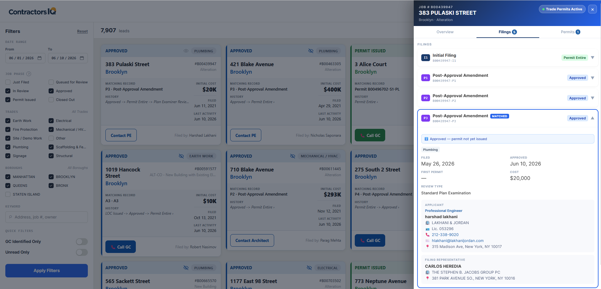 ContractorsIQ dashboard - live NYC DOB leads filtered by trade and borough, with applicant contact details